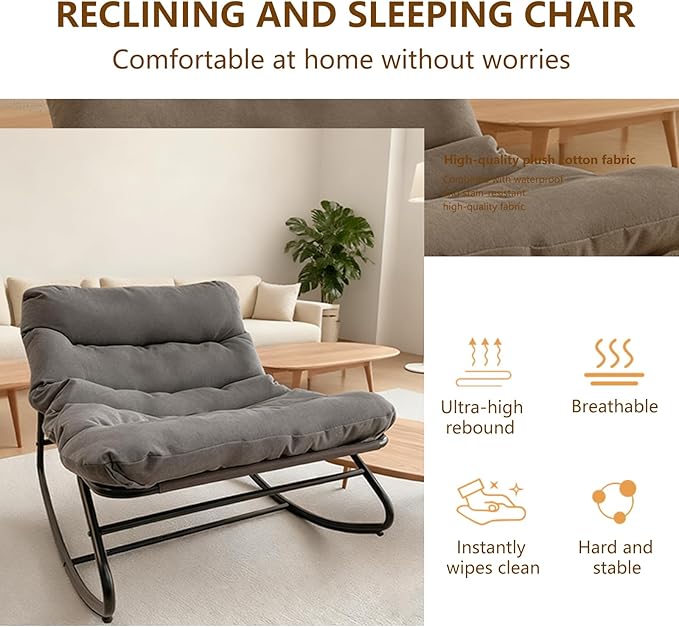 Outdoor Papasan Rocking Chair with Cushion, Oversized Patio Lounge Rocker, Heavy Duty 350 lbs Capacity, Comfortable Indoor & Outdoor Chair for Garden, Lawn, Bedroom, Living Room, Gray