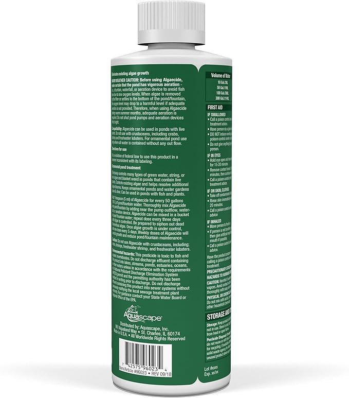 Aquascape Algaecide for Ponds, Waterfalls, and Fountains – Fast-Acting Algae Control, 16 oz / 473 ml, 96023