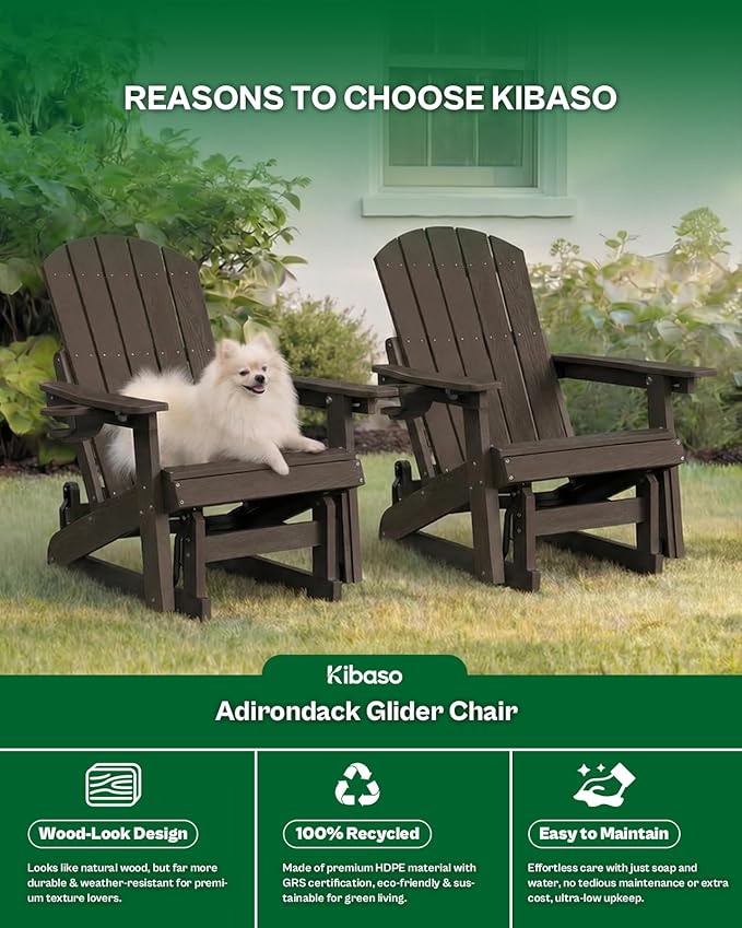 3-Position Adjustable Adirondack Chair with Cup Holder Set of 2, HDPE All-Weather Outdoor Glider Chair, Wood-Grain Fire Pit Chairs for Pool, Yard, Deck (Coffee Brown)