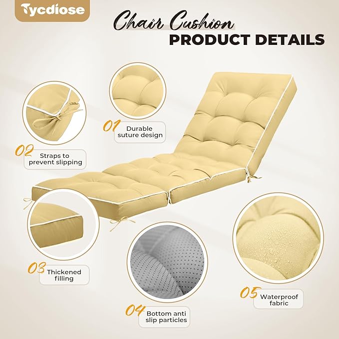 Outdoor Chaise Lounge Chair Cushion, Waterproof Non-Slip Patio Chaise Lounge Cushions for Outdoor Furniture, Thickened Patio Pool Lounger Chair Cushion, 76.4 x 22.8 x 4.7 Inches, Khaki