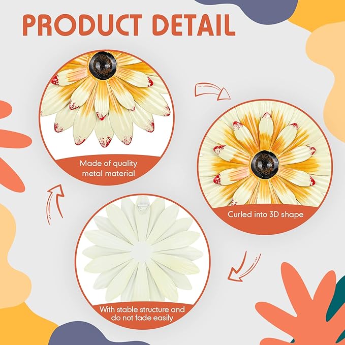 Zhehao 6 Pcs Metal Flower Wall Art Decor 8 Inch Sunflower Wall Decorations Hanging Outdoor Art Multicolored Handmade Metal Flowers Outdoor Decor(Elegant Color)