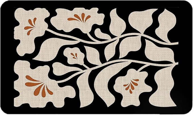 Boho Beige and Black Floral Door Mat - Bohemian Neutral Floral Front Door Welcome Mats Outdoor Entrance, 17x30 Rug