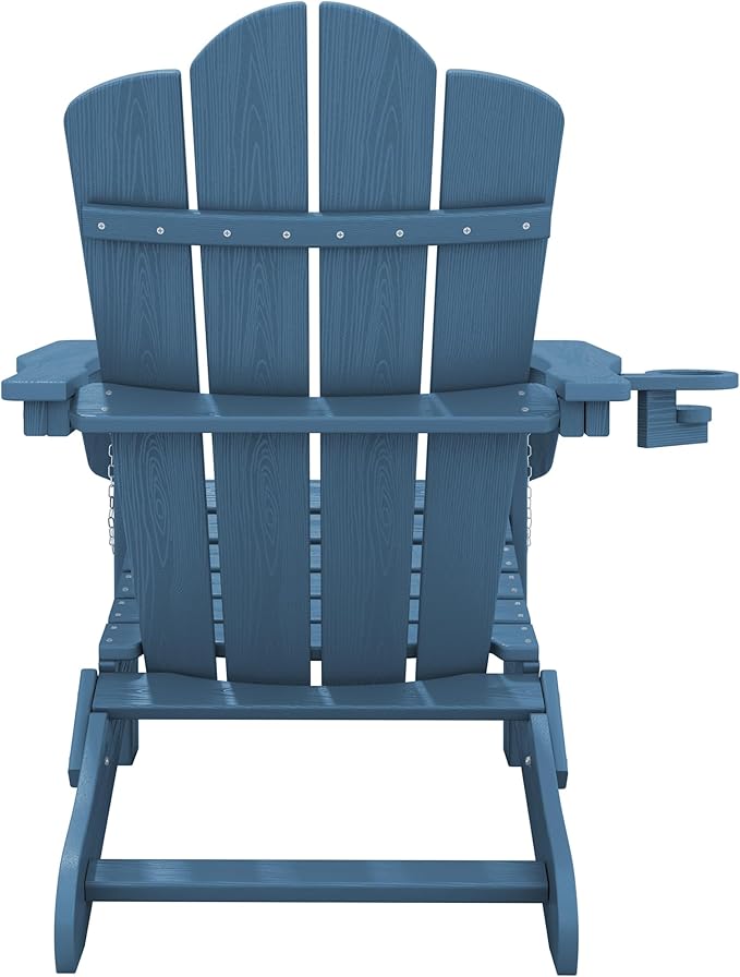 KINGYES Folding Adirondack Chair, HDPE All-Weather Patio Chairs with Cup Holder, Wooden Textured Fire Pit Chairs for Poolside, Backyard, Deck, Navy