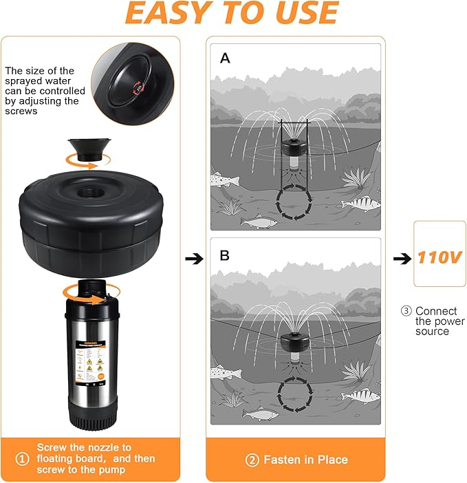 Pond Fountain Aerator, 1HP 16000 GPH 750W 110V/120V Stainless Steel Floating Fountain Pump With 100ft Power Cord & Rope & Timer for Small Large Outdoor Ponds & Lakes