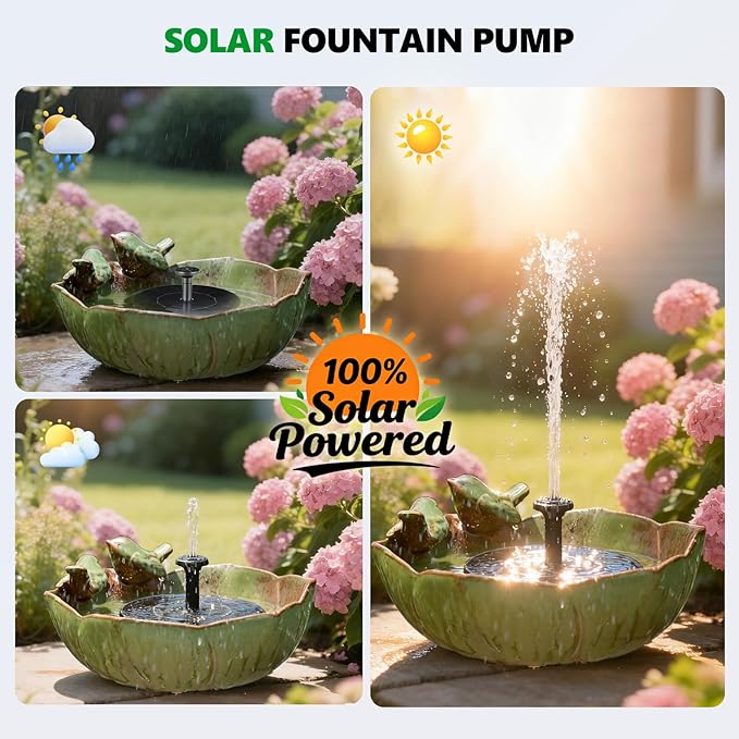 Solar Fountain Ceramic Bird Bath for Outdoors Hummingbird Solar Bubbler Fountain with Ground Ceramic Bird Baths Bowl for Outside, Large Table Top Garden Décor for Patio, Yard & Home