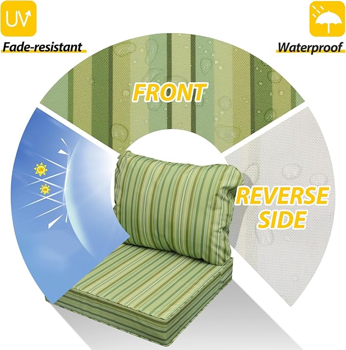 AAAAAcessories Outdoor Seat Cushions for Chairs, Fade-Resistant, Waterproof Patio Furniture Replacement Cushions, 22" x 24" x 5" + 22" x 19", Mossy Forest Stripe