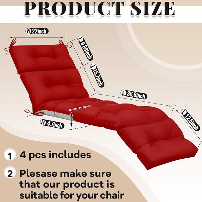Kigley 4 Pcs Chaise Lounge Cushions 75 x 22 x 5 Inches Soft Lounge Chair Cushion Spring/Summer Seasonal Replacement for Outdoor Indoor Home Office (Red)