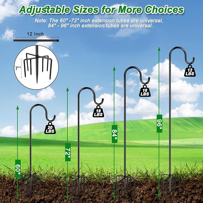 60" Shepherds Hooks for Outdoor, Heavy Duty Bird Feeder Pole for Hummingbird Feeder, Hanging Lantern, Shepherds Hook for Bird Feeders for Outside with 7 Prongs Base,1 Pack