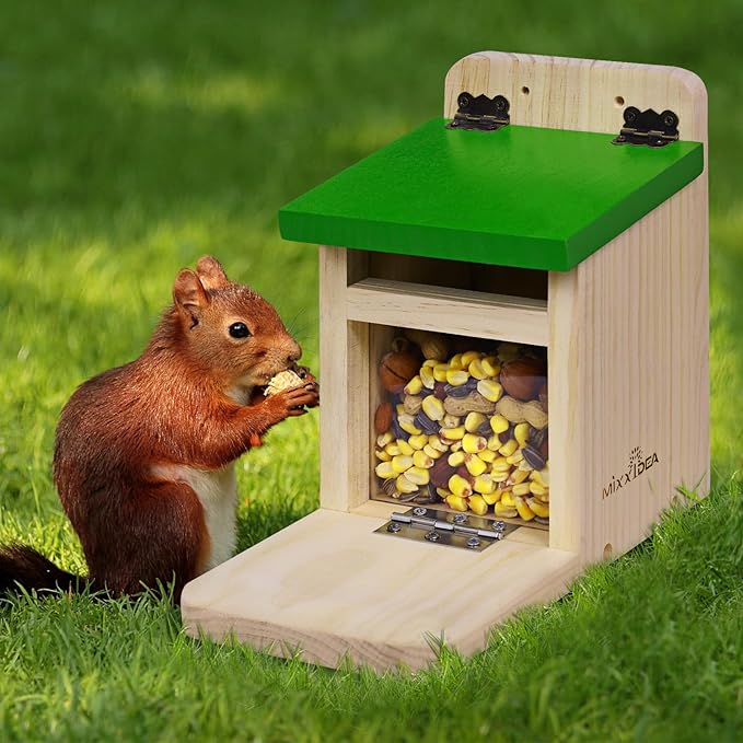 MIXXIDEA Squirrel Feeders for Outside Garden, Wooden Squirrel Feeder Box,Squirrel Feeding Stations with Green Cover, Easy to Fill Squirrel Feeding House(Green-1pk)