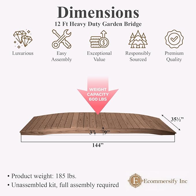 12 FT WALNUT Amish Made Pinewood Heavy Duty Garden Bridge for Walkway, Backyard Pond & Landscaping, Outdoor Wooden Footbridge for Koi Pond, Japanese Style Decorative Bridge, Made in USA