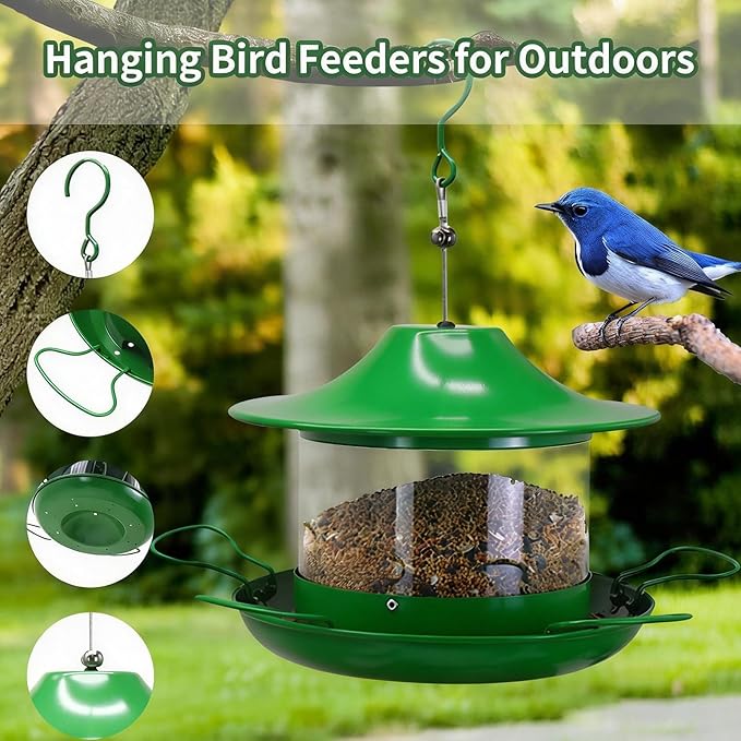 Metal Bird Feeder for Outdoors, Large Capacity Weatherproof Rustproof Wild Bird Feeder with Drainage, Easy to Clean Anti-Squirrel Hanging Feeder for Garden Décor, Nature Green