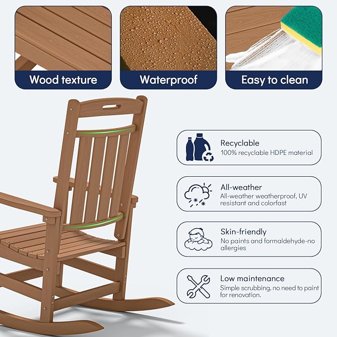 Plawdlik Oversized Outdoor Rocking Chair - All-Weather Resistant,HDPE Heavy Duty Patio Rockers with High Back - Perfect for Porch, Lawn, Garden, Modern Style,Teak