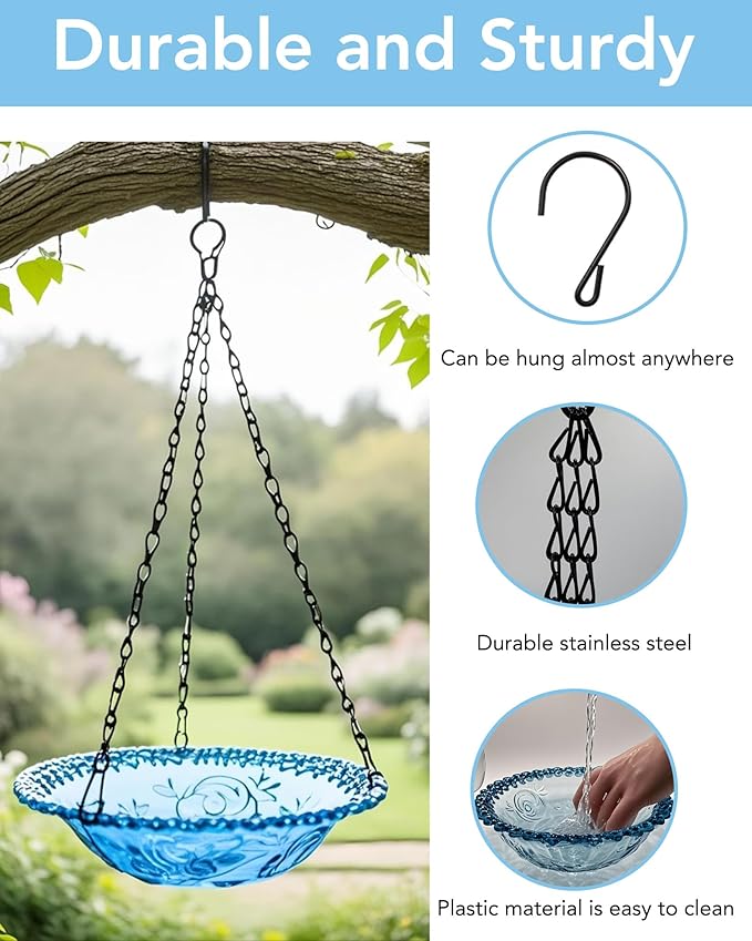 2 Pack Hanging Bird Baths and Feeders for Outdoors, Plastic Bird Bath Bowl & Hanging Feeder for Garden Yard Decor,Nature Blue
