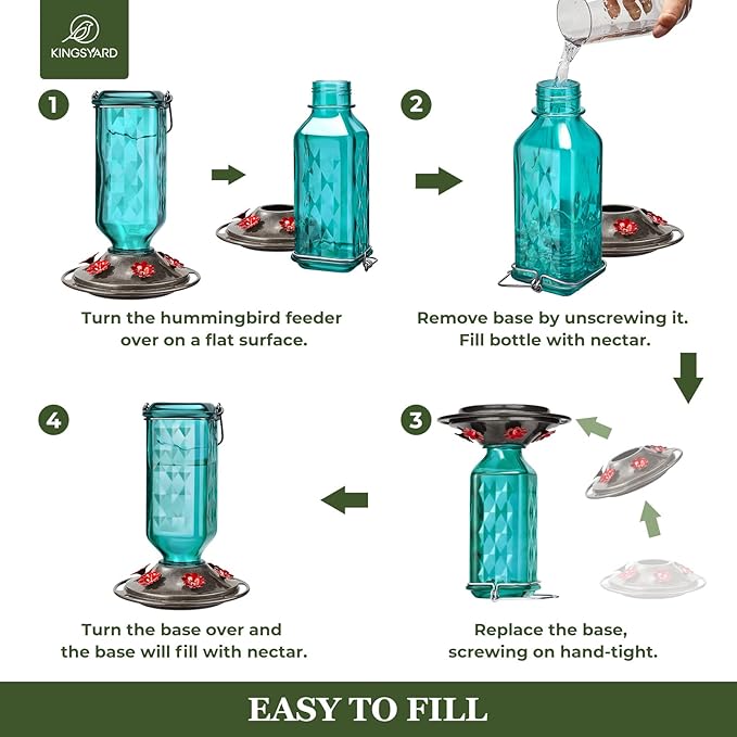 Kingsyard 2 Pack Glass Hummingbird Feeder for Outdoor Hanging, 24 Ounces, 6 Feeding Ports, Bird Nectar Feeder for Garden Décor, Ant Moat Included, Turquoise