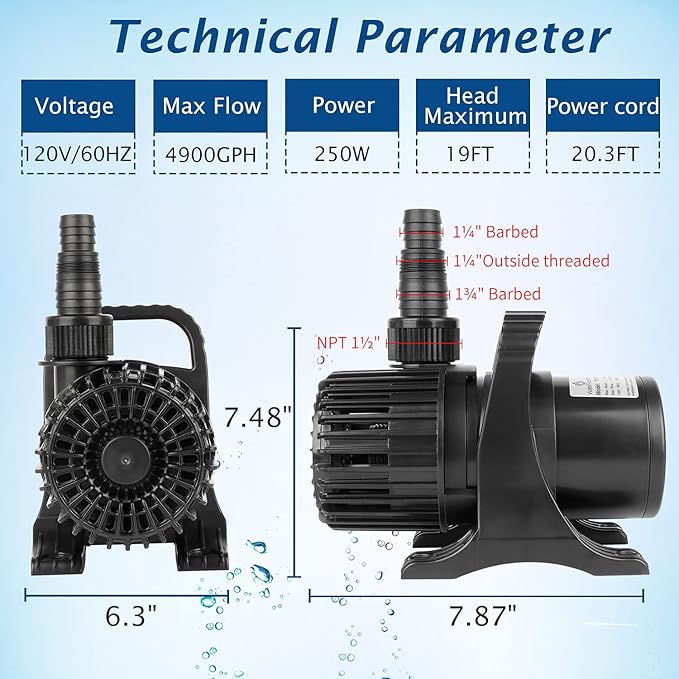 WaterRebirth (4900GPH-250W,UL listed) High Flow Submersible Large Fountain Submersible Water Pond Sump Pump Aquarium Electric Waterfall Pump Outdoor PS-4900