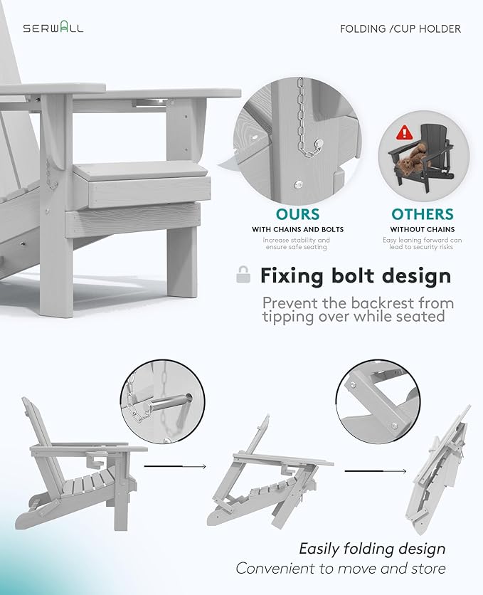 SERWALL Adirondack Chair with Cup Holders - Composite Adirondack Chairs HDPE Outdoor Chairs All Weather Use- Silver Gray