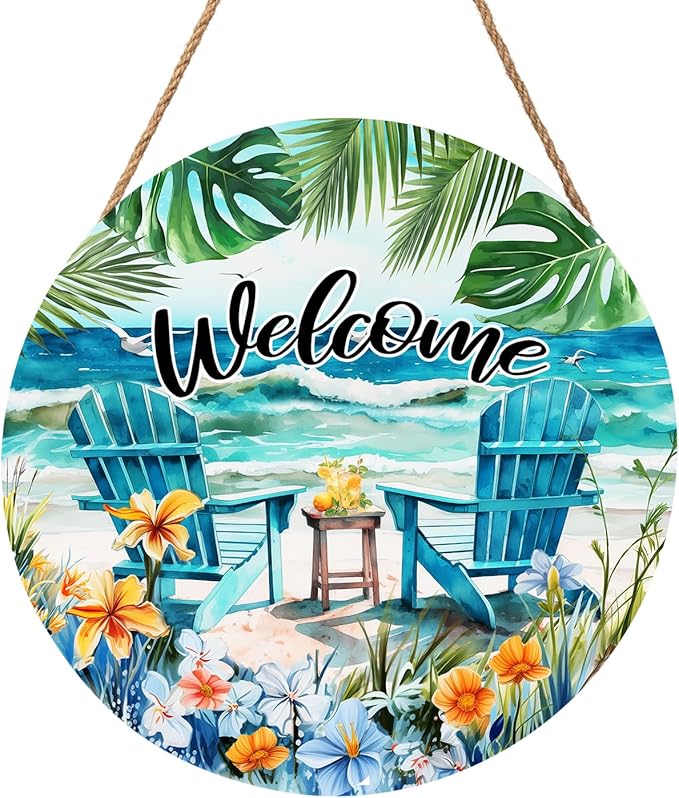 Welcome Sea Chair Front Door Sign 12 X 12 Inches Summer Door Hanger Wall Pediment Round Wooden Beach Wreaths for Front Door, Farmhouse Summer Welcome Wall Hanging