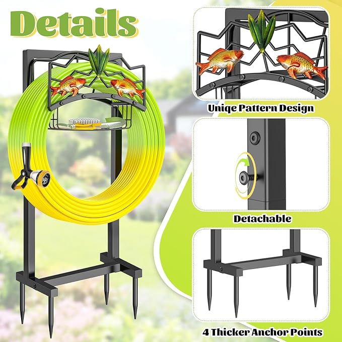 Garden Hose Holder, Heavy Duty Metal Water Hose Holders Stand with 4 Spikes, Freestanding Outdoor Water Pipe Storage Rack Hanger 150ft for Outside Yard Lawn Decor