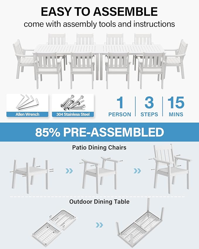 YEFU Outdoor Patio Dining Sets: All Weather 12 Piece Dining Table Set for 10 with Umbrella Hole & Aluminum Frame - Outdoor Furniture 2 Table and 10 Chairs for Outside Backyard/Porch/Deck White
