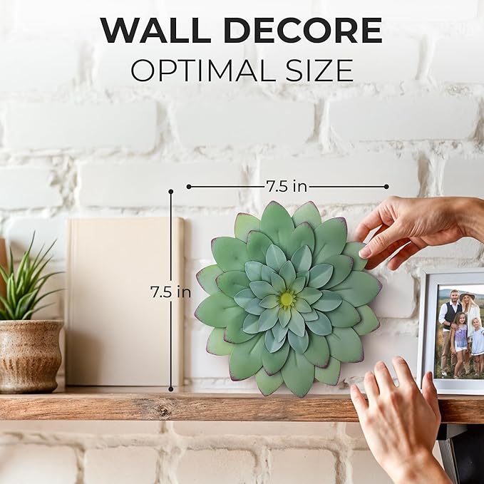 Everydecor Succulent Metal Flowers Wall Decor – Green, Hand Painted, 3D Flower Art Decoration for Living Room, Bedroom, Kitchen, Bathroom - Floral Decor for Indoor & Outdoor Use