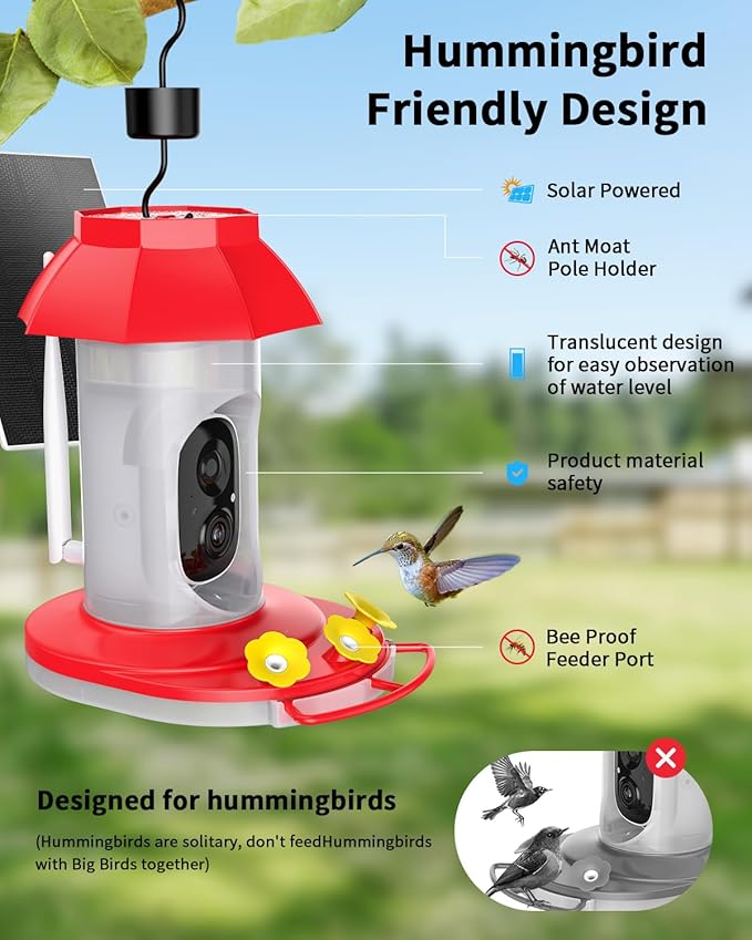 Hummingbird Feeder with Camera Solar Powered W/32G Card, AI Identify Bird Species, Ant Moat/Bee Proof, Hummingbird Cam Watching Live Video, Instant Notifications, Ideal Present for Bird Lovers