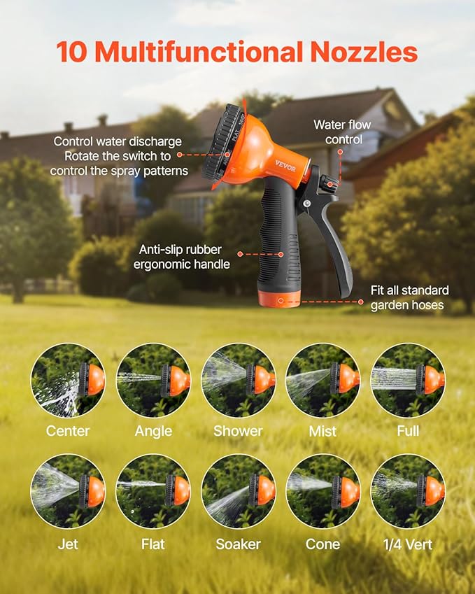 VEVOR Metal Garden Hose 25 ft, Rust Proof Stainless Steel Water Hose, Heavy Duty Backyard Hose with 10 Function Nozzle, No-Kink & Flexible Water Pipe, Lightweight Metal Hose for Yard, Outdoor