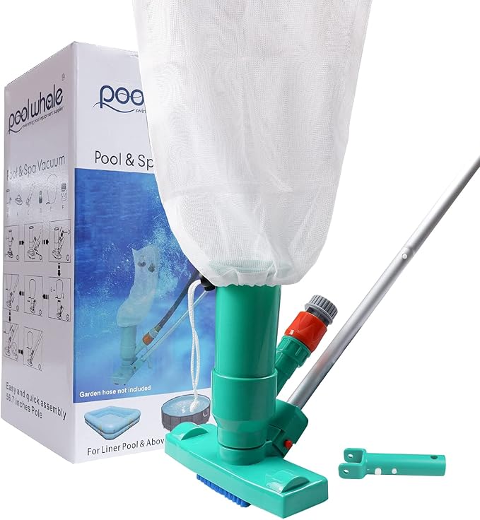 POOLWHALE Upgrades Pool Spa Pond Mini Jet Vac Vacuum Cleaner w/Brush, Bag,6 Sections Telescopic Pole of 56.5" and Handle