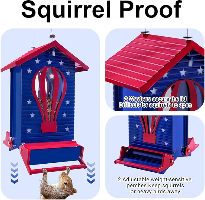 Squirrel Proof Bird Feeder Metal Hanging Seed House Feeders for Outdoors Weight -Activated Protection, Water & Chewing Proof, 5 lbs Large Capacity Anit Squirrel Outside Backyard