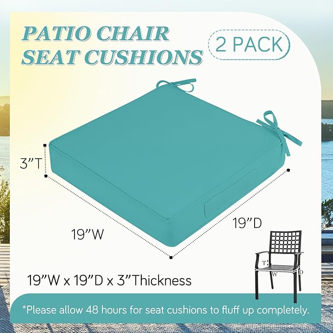 Waterproof Outdoor Chair Cushions Set of 2, Square Outdoor Seat Cushions with Ties and Removable Covers, 19 x 19 Outdoor Cushions for Patio Furniture with Portable Handle(Teal)