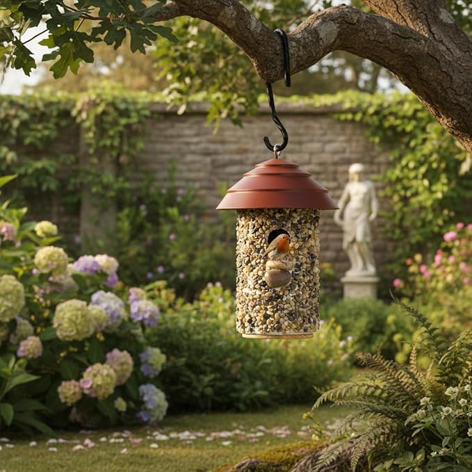 Outdoor Wren Bird House with River Pebble Composite Roof – Decorative Wooden Nesting Box for Wrens, Finches & Small Songbirds – Weather-Resistant Hanging Backyard Habitat,10 Year Lasting (Red)