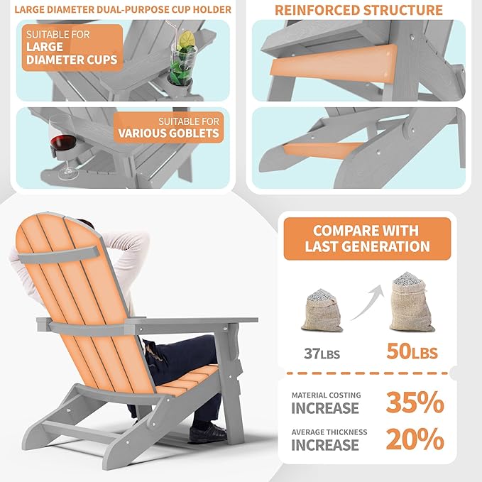 YEFU Adirondack Chair Set of 2, Folding Oversized Plastic Adirondack Chair with Cup Holder, Lawn Chair with Weather Resistant for Outdoor Deck Garden, Weight Capacity Up to 400 Lbs–Grey