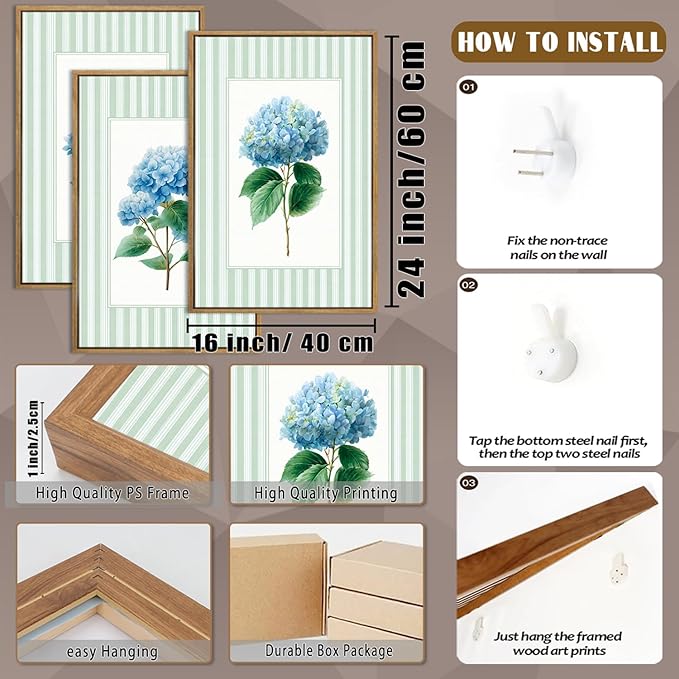 QTUSYUR Striped Blue Hydrangea Wall Art - Large Farmed Minimalist Art Print - Farmhouse Floral Canvas Artwork for Bedroom Living Room- Modern Elegant Flower Wall Pictures for Home Decor 16”×24”×3