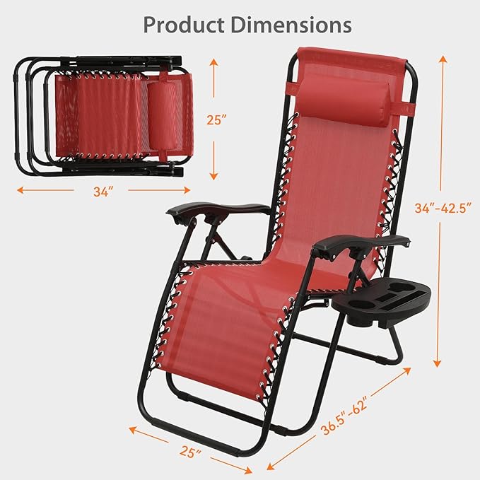 Zero Gravity Chairs, Portable Folding Reclining Lounge Chairs with Adjustable Pillow and Cup Holder Trays for Outdoor, Patio, Beach, Camping, Garden, Poolside, Wine Red