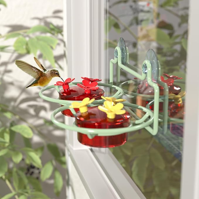 2 Pack Window Hummingbird Feeder, Small Hummingbird Feeder for Outdoors with Strong Suction Cup - Metal Base & 6 Feeding Ports, Easy to Clean and Refill, Green