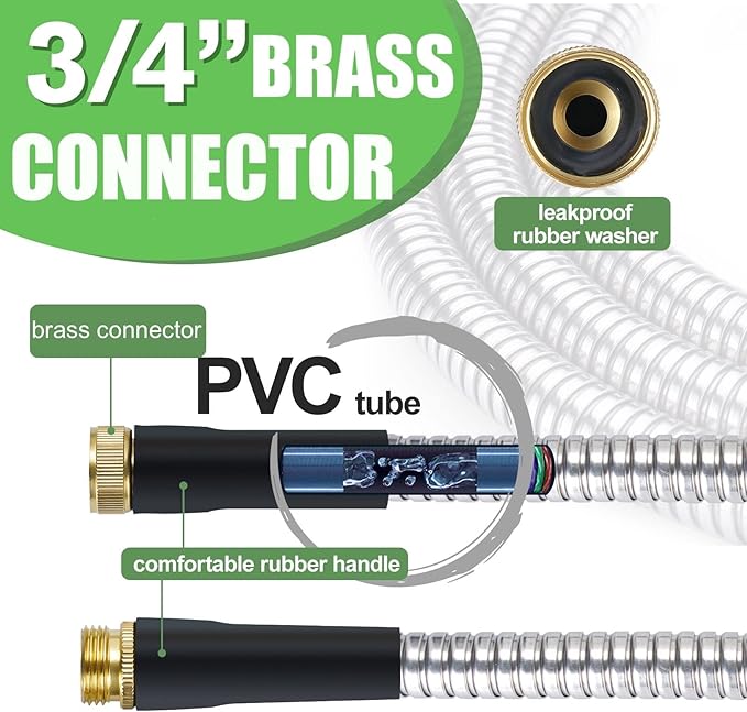 Metal Garden Hose Stainless Steel Metal water Hose Super Tough & Flexible Water pipe Lightweight, Crush Resistant Aluminum Fittings, Kink & Tangle Free, Rust Proof (50FT)