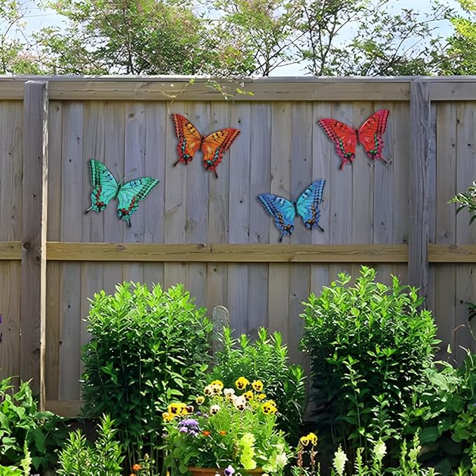 4 Pack Butterfly Wall Decor Art, Vivid Butterflies Outdoor Metal Wall Art with Colorful Pattern, Outdoor Garden Yard Fence Patio Decor Gift for Women Mom