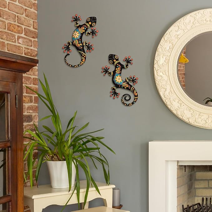 Metal Gecko Outdoor Decor -2 Pack 11.8 inch Metal Lizard Wall Hanging Sculpture Decoration for Indoor or Outdoor, Garden Yard Fence Porch Wall Decorations