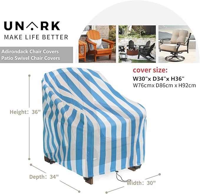Adirondack Chair Covers Waterproof, Patio Chair Covers, Water Resistant Outdoor Furniture Protection, Heavy Duty with Air Vents, 30W 33D 33H Inches, Blue and White Stripe Pattern