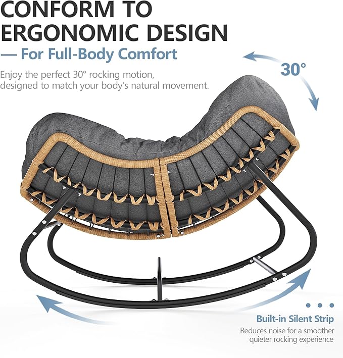SWITTE Outdoor Rocking Chair, Oversized Patio Papasan Rocker, Comfy Wicker Reading Lounge, Indoor Egg Chair for Bedroom, Living Room, Porch, Garden, Lawn-Dark Grey
