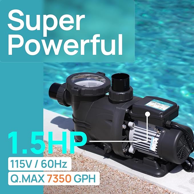 In/Above Ground Pool Pump, Self Primming High Flow (with Timer, 1.5HP, 7350 GPH, 115V)