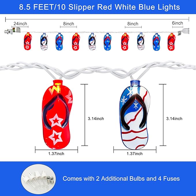 SUNSGNE 4th of July Decorations Lights 8.5FT Red White Blue String Lights, Indoor Beach Slipper Summer String Lights with 10 Slipper Lights for Patriotic Independence Day Outdoor Beach Party Decor