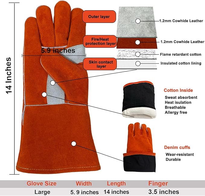 Welding Gloves 14 Inches, 932℉ Heat Fire Resistant Leather Welding Gloves for Tig/Mig/Stick, Mitts for BBQ/Oven/Grill/Fireplace/Furnace/Stove/Animal Handling Gloves with Soft Lining (Red)