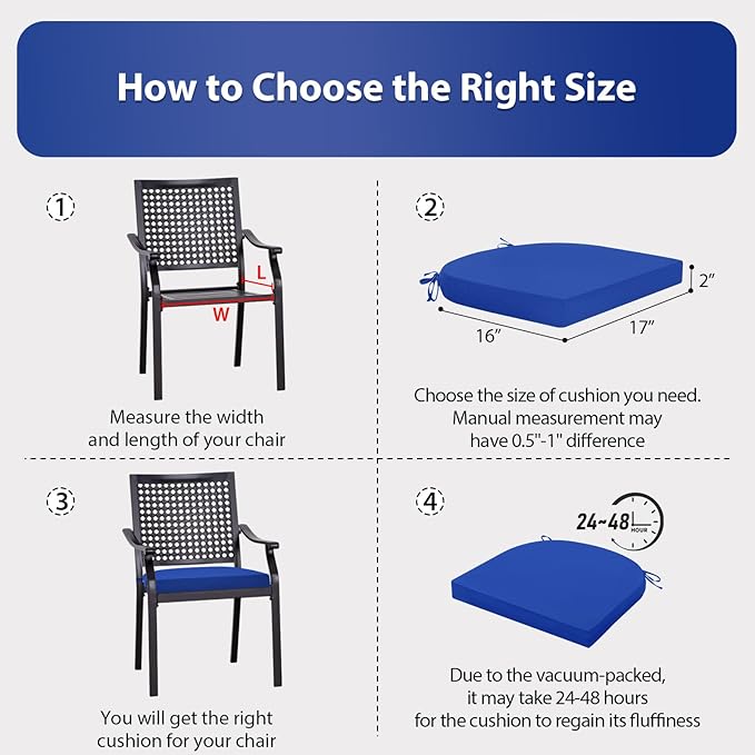 Outdoor Chair Cushions Set of 4, 17 x 16 Inch Patio Chair Cushions for Outdoor Furniture, Water Resistant, Non-Slip Ties(Royal Blue)