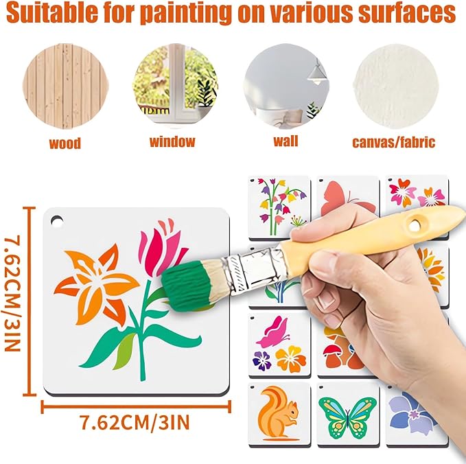 Stencils for Painting, 64pcs 3 Inch Stencils for Crafts Reusable Rock Painting Stencils Plastic Reusable Stencils for Painting on Wood Wall Tile Home Decor