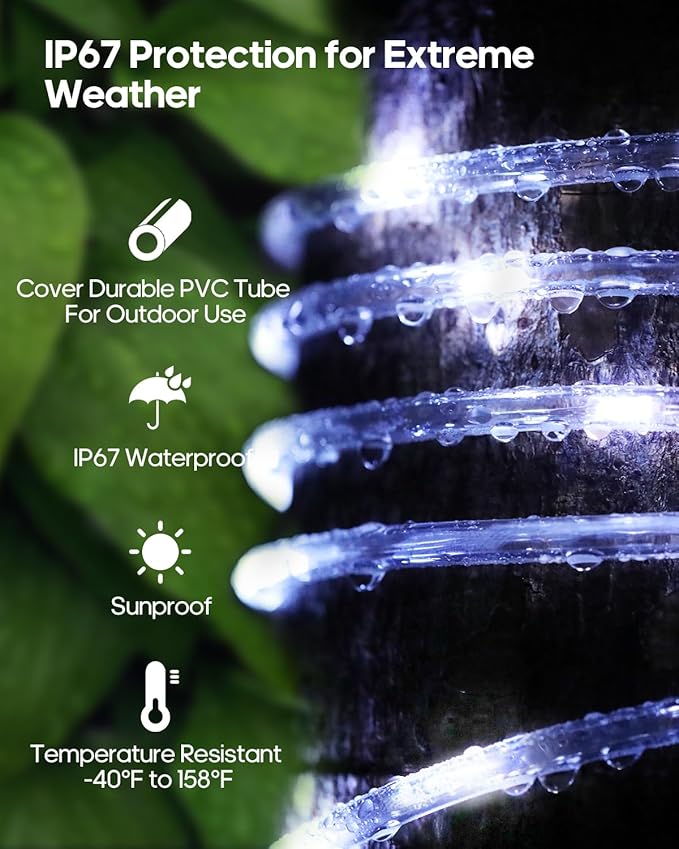 ICRGB Solar Rope Lights, 66FT 200LED 1800mAh Outdoor Waterproof Solar Lights with Remote, IP67 String Light with Timing & 8 Modes for Garden Tree Pathway Yard Pool RV Christmas Decor, White
