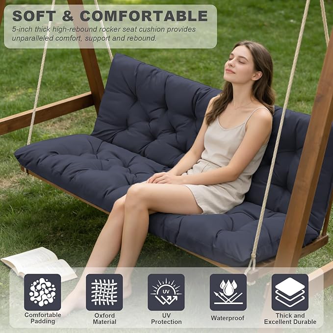 Porch Swing Cushions,Outdoor Cushions 3 Seater Replacement with Backrest, Waterproof Thickened Bench Cushion with Ties for Porch, Patio,Outdoor, Backyard and Garden (Navy Blue 40 * 40 in)
