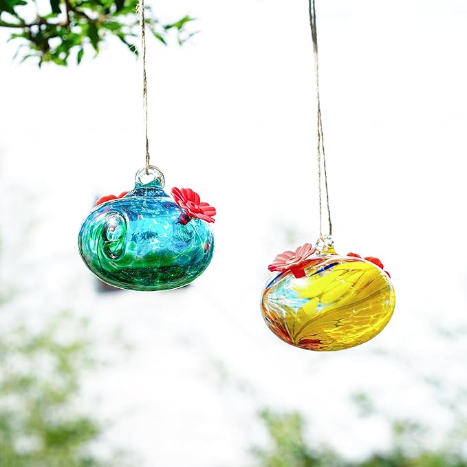 Pack 2 Blown Glass Hummingbird Feeders for Outdoors 3inch Small Glass Humming Bird Feeder for Window Hanging Ant and Bee Proof Humming Birds Feeders Decor for Garden Outside