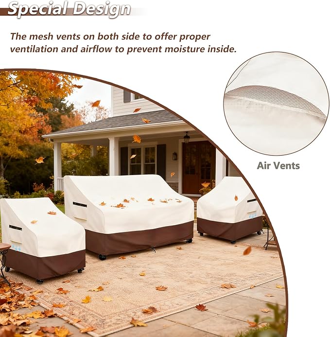 3-Piece Patio Furniture Covers Set,Heavy Duty 600D Waterproof Outdoor Furniture Cover,Includes 2 Patio Chair Covers (30in) and 1 Patio Loveseat Cover (58in),UV Protection, Windproof Design,Beige