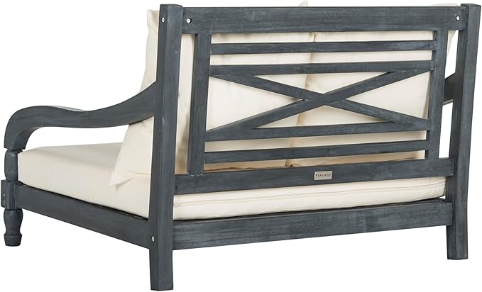 SAFAVIEH Outdoor Collection Pomona Ash Grey Solid Wood/Beige Lounger Bench Sofa Loveseat (PAT6740B)