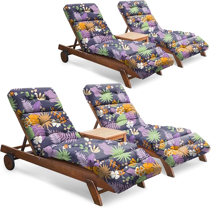 Outdoor Chaise Lounge Chair Cushion Set of 4, Waterproof 74.4 x 22 x 4.7 Inches Memory Foam Thickened Lounge Chair Cushions Replacement for Outdoor Furniture with Ties, Purple Floral Leaf